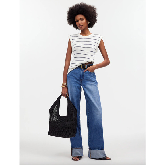 Madewell Puff Trim Sweater Vest Striped Ivory Cotton Linen Preppy XXS NWT - Picture 2 of 14